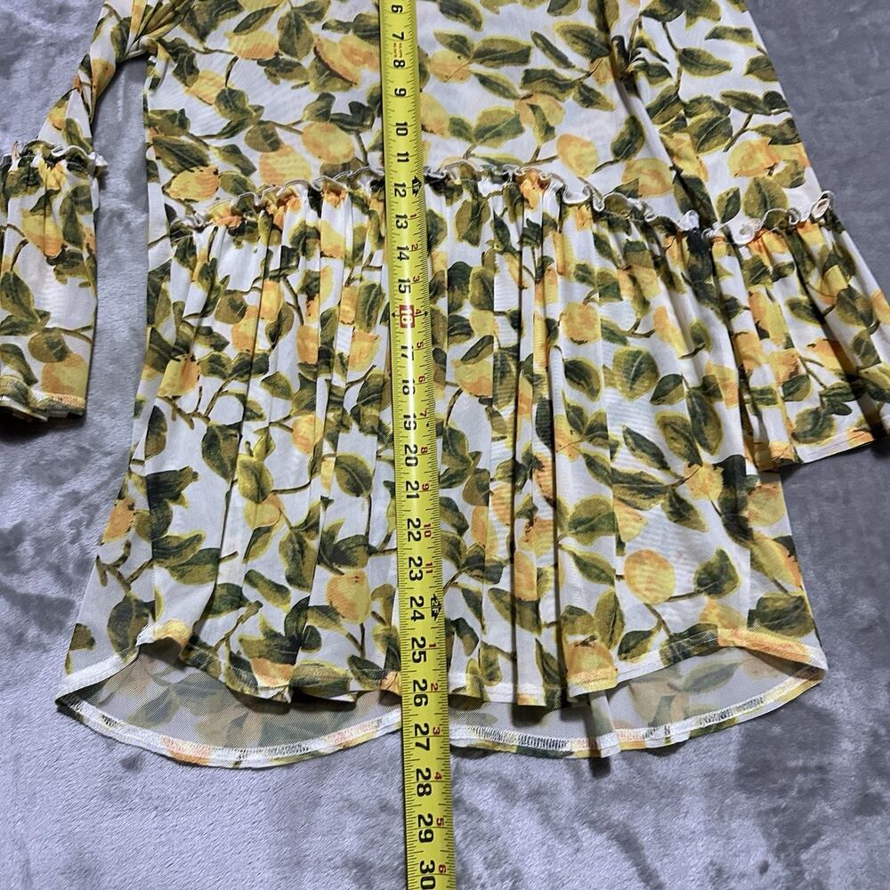 Mishca Novelty Mesh Bell Sleeve Peplum Top Womens Sz S Yellow Lemon Print Sheer - Picture 7 of 8